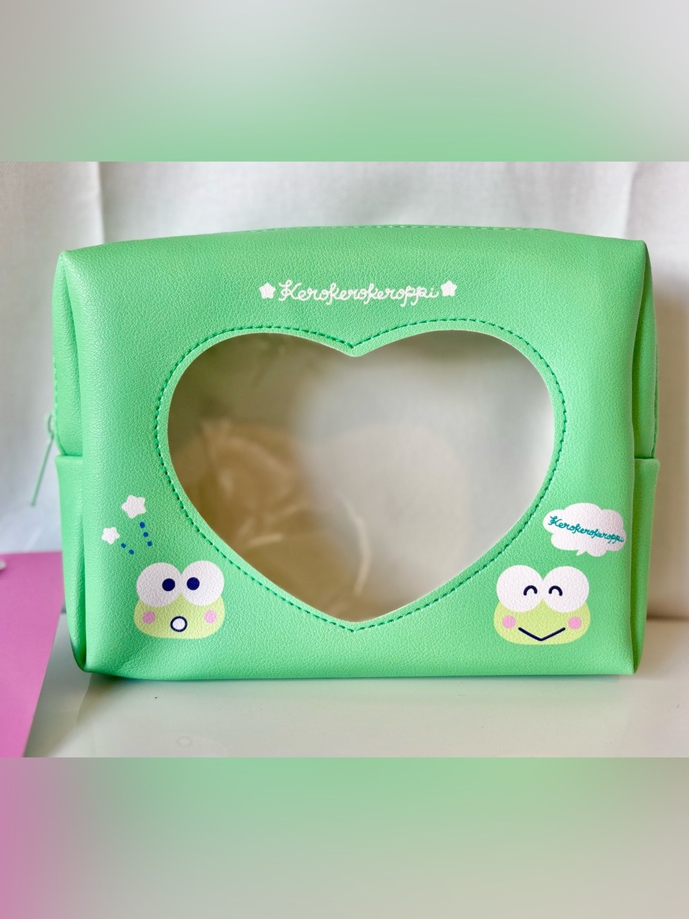 Kero Keroppi Green Pouch Cosmetic Bag w Clear Heart Center NWT Japan Exclusive